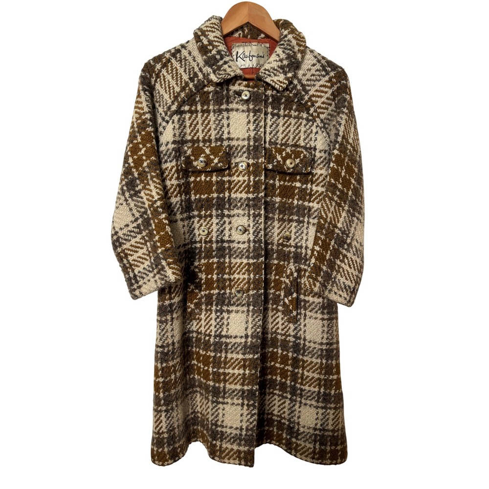 Vintage Kaufmans Chicago Plaid Wool Blend Car Coat Brown Cream Textured Medium